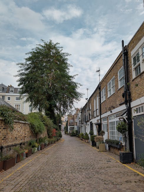 Image of a narrow residential alleyway in Kensington with cobblestone paving, lined by brick buildings and planters containing greenery and small bushes on the left side. The scene is illuminated by n